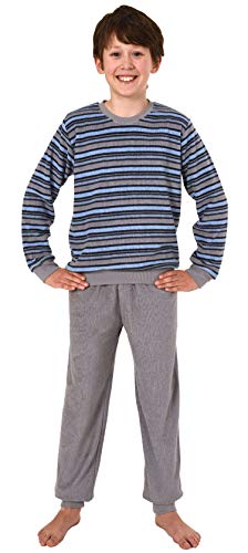 Jungen Frottee Pyjama Schlafanzug Langarm mit Bündchen - Oberteil gestreift - 291 13 576, Farbe:grau/blau, Größe:122/128 von Great Boy
