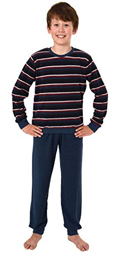 Jungen Frottee Pyjama Schlafanzug Langarm mit Bündchen - Streifenoptik - 291 501 13 578, Farbe:Marine, Größe:122/128 von Great Boy