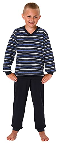Warmer Jungen Frottee Pyjama lang, Schlafanzug mit Bündchen und Ringeln - 65689, Farbe:Marine, Größe:146-152 von Great Boy