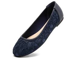 Greatonu Damen Geschlossene Ballerinas Brautschuhe atmungsaktiv Lace Flache Schuhe Blau mit Futter Größe 39 von Greatonu