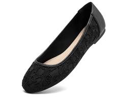 Greatonu Damen Geschlossene Ballerinas Brautschuhe atmungsaktiv Lace Flache Schuhe Schwarz mit Futter Größe 38 von Greatonu