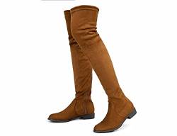 Greatonu Damen Overknee Oberschenkel Hoch Niedriger Blockabsatz Spitze Zehe Reiten Stretch Lange Flache Stiefel Frühling Herbst Winter 0.98 inchs Camel EU 36 von Greatonu