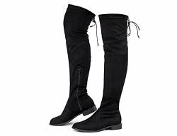 Greatonu Damen Overknee Oberschenkel Hoch Niedriger Blockabsatz Spitze Zehe Reiten Stretch Lange Flache Stiefel Frühling Herbst Winter 0.98 inchs Schwarz EU 38 von Greatonu