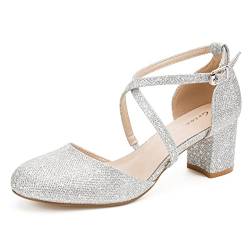 Greatonu Damen Pumps Riemchenpumps Spangenpumps Sandale mit Kreuz Knöchelriemen Blockabsatz Geschlossener Spitze Glitzer Pumps - Perfekt für Hochzeiten und Partys Silber Glitzer 36 EU von Greatonu