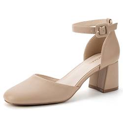 Greatonu Damen Pumps mit Knöchelriemen Spangenpumps Schnalle Pumps Fesselriemen Blockabsatz Riemchenpumps Sandale Absatzschuhe Geschlossene Eckige Spitze Pumps High Heels für Hochzeiten Party Beige 40 von Greatonu