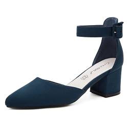 Greatonu Damen Sandalen Velour Knöchel-Riemchen Blockabsatz Pointed Toe Blau Größe 36EU von Greatonu