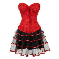 Grebrafan Burlesque Corsage Korsett mit Tütü Tüllrock Jacquard Korsage Kostüm Damen (EUR(34-36) M, Rot) von Grebrafan