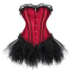 Grebrafan Burlesque Corsage mit Minirock Tutu Spitze Korsett Satin Damen (EUR(36-38) L, Weinrot) von Grebrafan