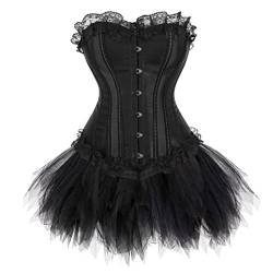 Grebrafan Burlesque Corsage mit Minirock Tutu Spitze Korsett Satin Damen (EUR(38-40) XL, Schwarz) von Grebrafan