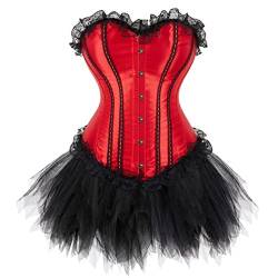 Grebrafan Burlesque Corsage mit Minirock Tutu Spitze Korsett Satin Damen (EUR(46-48) 5XL, Rot) von Grebrafan