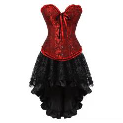 Grebrafan Burlesque Corsage mit Tüll Rock Taillen Korsett kostüm Damen (EUR(40-42) 2XL, Dunkel Rot) von Grebrafan