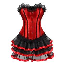 Grebrafan Corsage Korsett mit Tüllrock Kurz Satin Korsage Kostüm Burlesque Damen (EUR(36-38) L, Rot) von Grebrafan