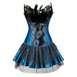 Grebrafan Exclusive Corsage Korsett und Tutu Rock Federn Pfau Karneval Kostüme (EUR(44-46) 4XL, Blau) von Grebrafan