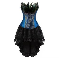 Grebrafan Gothic Corsage mit Tüll Rock Brokat Korsett Pfau kostüm Damen (EUR(48-50) 6XL, Blau) von Grebrafan