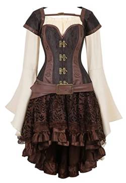Grebrafan Gothic Damen Corsage mit Pirat Rock und Bluse Retro Korsett Kostüm (EUR(40-42) 2XL, Braun) von Grebrafan