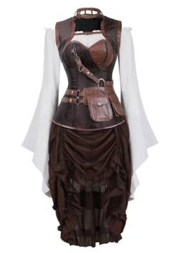 Grebrafan Gothic Damen Corsage mit Tüll Rock und Piraten Bluse Korsett Kostüm (EUR(42-44) 3XL, Braun) von Grebrafan