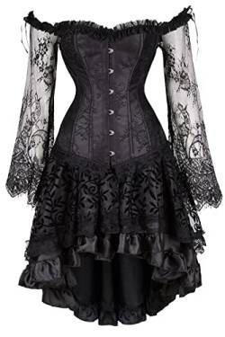 Grebrafan Gothic Korsett Corsage Taillen Korsett Dirndl Bluse Trachten Shirt mit Tüllrock (EUR(44-46) 4XL, Schwarz) von Grebrafan