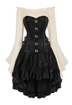 Grebrafan Gothic Leder Corsage mit Tüll Rock und Piraten Bluse Retro Karneval Korsett Kostüm (EUR(36-38) L, Schwarz) von Grebrafan