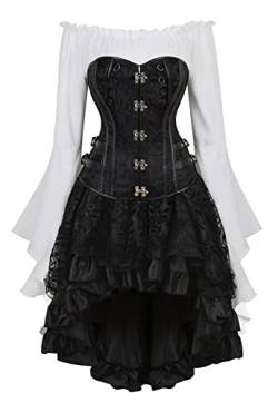 Grebrafan Karneval Corsage mit Tüll Rock und Piraten Bluse Steampunk Korsett Kostüm (EUR(38-40) XL, Schwarz) von Grebrafan