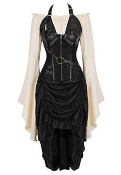 Grebrafan Leder Corsage mit Pirat Rock und Bluse Steampunk Korsett karneval Kostüm (EUR(48-50) 6XL, Schwarz) von Grebrafan