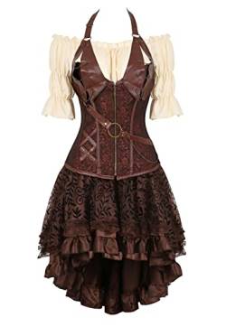 Grebrafan Steampunk Corsage Halloween Kostüm Karneval Leder Korsett mit Piraten Rock und Bluse (EUR(40-42) 2XL, Schwarz) von Grebrafan