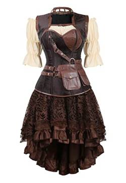 Grebrafan Steampunk Corsage Halloween Kostüm Karneval Retro Korsett mit Piraten Rock und Bluse (EUR(32-34) S, Braun) von Grebrafan