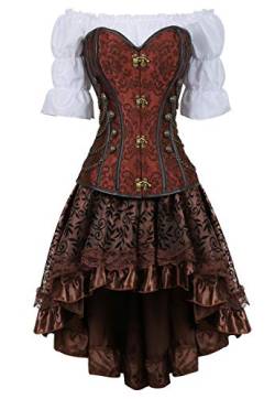 Grebrafan Steampunk Corsage Halloween Kostüm Karneval Taillen Korsett mit Piraten Rock und Bluse (EUR(34-36) M, Braun) von Grebrafan