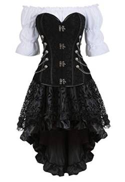 Grebrafan Steampunk Corsage Halloween Kostüm Karneval Taillen Korsett mit Piraten Rock und Bluse (EUR(36-38) L, Schwarz) von Grebrafan