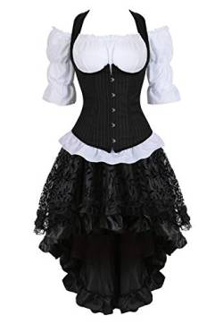 Grebrafan Steampunk Corsage Kostüm Karneval Gestreift Korsett mit Piraten Rock und Bluse (EUR(46-48) 5XL, Schwarz) von Grebrafan