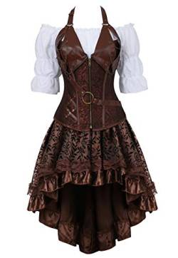 Grebrafan Steampunk Corsage Kostüm Karneval Halloween Leder Korsett mit Piraten Rock und Bluse (EUR(32-34) S, Braun) von Grebrafan