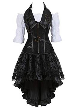 Grebrafan Steampunk Corsage Kostüm Karneval Halloween Leder Korsett mit Piraten Rock und Bluse (EUR(38-40) XL, Schwarz) von Grebrafan