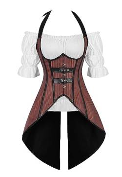 Grebrafan Steampunk Corsage Kostüm Karneval Korsett mit Piraten Bluse (EUR(42-44) 3XL, Braun) von Grebrafan