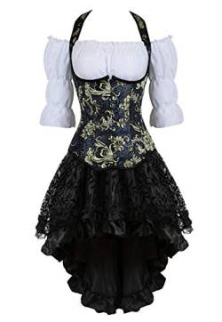 Grebrafan Steampunk Corsage Kostüm Karneval Strapse Korsett mit Piraten Rock und Bluse (EUR(30-32) XS, Blau) von Grebrafan