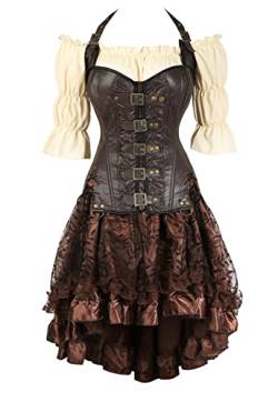 Grebrafan Steampunk Corsage Leder Halloween Kostüm Karneval Damen Korsett mit Piraten Rock und Bluse (EUR(48-50) 6XL, Braun) von Grebrafan