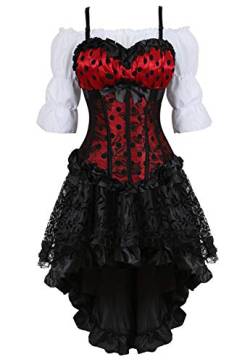 Grebrafan Steampunk Corsage Party Kostüm Karneval Braut Korsett mit Piraten Rock und Bluse (EUR(36-38) L, Rot) von Grebrafan