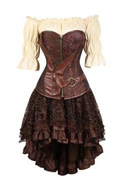 Grebrafan Steampunk Corsage Party Kostüm Karneval Retro Korsett mit Piraten Rock und Bluse (EUR(32-34) S, Braun 6) von Grebrafan