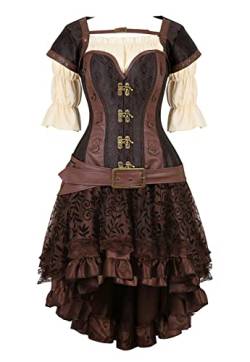 Grebrafan Steampunk Corsage Retro Halloween Kostüm Karneval Damen Korsett mit Piraten Rock und Bluse (EUR(40-42) 2XL, Braun) von Grebrafan