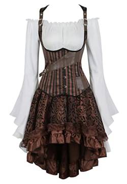 Grebrafan Steampunk Corsage Unterbrust mit Tüll Rock und Piraten Bluse Gestreift Korsett Kostüm (EUR(38-40) XL, Braun) von Grebrafan