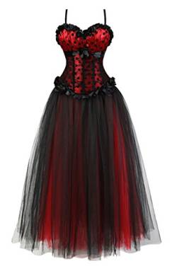 Grebrafan Steampunk Corsage mit Langrock aus tüll Hochzeit Korsett Party Kostüm (EUR(46-48) 5XL, Rot) von Grebrafan