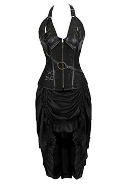 Grebrafan Steampunk Corsage mit Pirat Rock Damen Leder Korsett Halloween Kostüm (EUR(50-52) 7XL, Schwarz) von Grebrafan