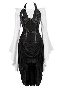 Grebrafan Steampunk Corsage mit Pirat Rock und Bluse Leder Korsett karneval Kostüm (EUR(44-46) 4XL, Schwarz) von Grebrafan