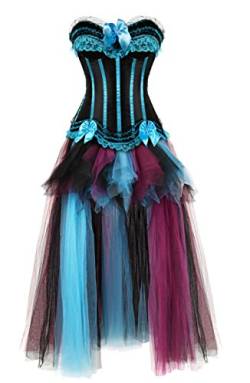 Grebrafan Steampunk Corsage mit Rock Lang aus tüll Karneval Kostüm Gestreift Korsage Damen (EUR(42-44) 3XL, Light Blau) von Grebrafan