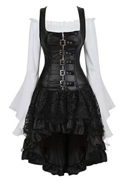 Grebrafan Steampunk Corsage mit Tüll Rock und Piraten Bluse Damen Leder Korsett Kostüm (EUR(42-44) 3XL, Schwarz) von Grebrafan