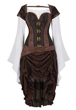 Grebrafan Steampunk Damen Corsage mit Pirat Rock und Bluse Retro Korsett Kostüm (EUR(36-38) L, Braun) von Grebrafan