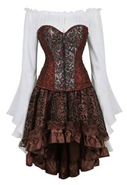 Grebrafan Steampunk Damen Corsage mit Tüll Rock und Piraten Bluse Stahl Korsett Kostüm (EUR(50-52) 7XL, Braun) von Grebrafan