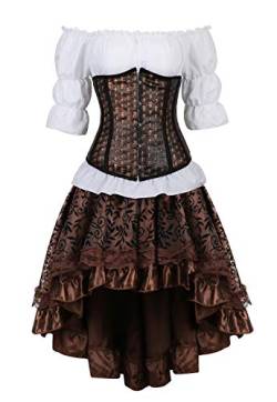 Grebrafan Steampunk Kunstleder Corsage Kostüm Karneval Unterbrust Korsett mit Piraten Rock und Bluse (EUR(46-48) 5XL, Braun) von Grebrafan