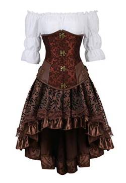 Grebrafan Steampunk Taille Corsage Kostüm Karneval Unterbrust Korsett mit Piraten Rock und Bluse (EUR(40-42) 2XL, Braun) von Grebrafan