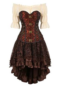 Grebrafan Steampunk Taillen Corsage Halloween Kostüm Karneval Korsett mit Piraten Rock und Bluse (EUR(40-42) 2XL, Braun) von Grebrafan