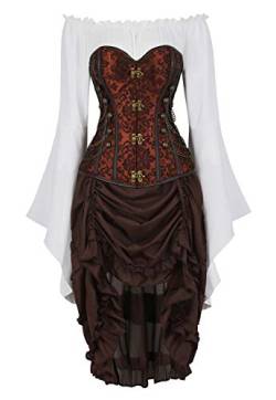 Grebrafan Taille Corsage mit Pirat Rock und Bluse Denim Steampunk Korsett Kostüm (EUR(42-44) 3XL, Braun) von Grebrafan