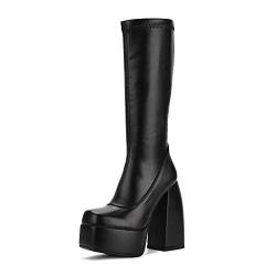 Damen-Stiefel mit mittlerem Waden, kniehoch, hoher Absatz, runder Zehenbereich, seitlicher Reißverschluss, Punk-Stil, Kampfstiefel für Damen, Schwarz, 40 EU von Greemarliy